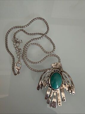 Silver-Tone Pendant Necklace with Teal Oval Stone